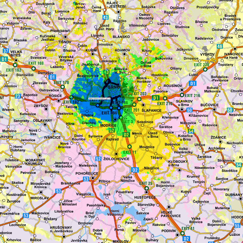 T - mapka zsahu 105.1 MHz Brno-Kohoutovice (Radio Jih)