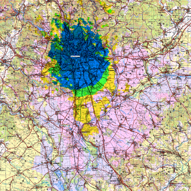 mapka Brno/Petrov 240+35m (EfV=+80m), ERP 100W N, metodika itu370ca