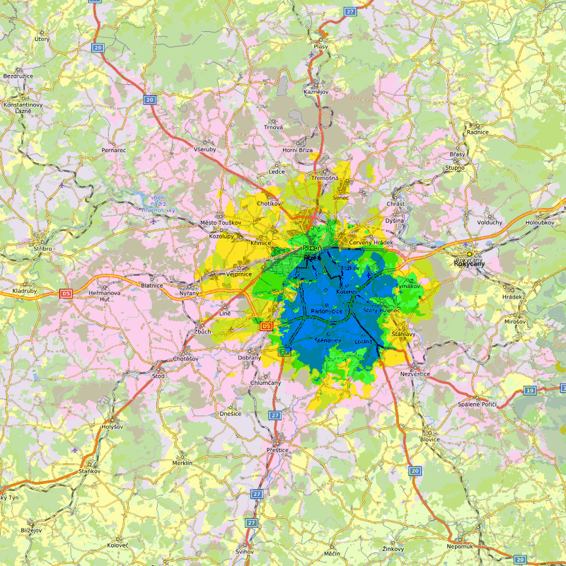 mapka Plze/ernice-K Cihelnm 1286/74 (komn) 395+35m (EfV=+75m), ERP 50W N, metodika itu370ca