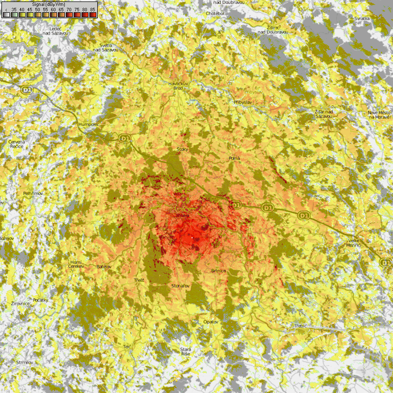 mapka 500W ERP pro Jihlavu/Hol vrch 657+50m s 6dB omezenm na jih